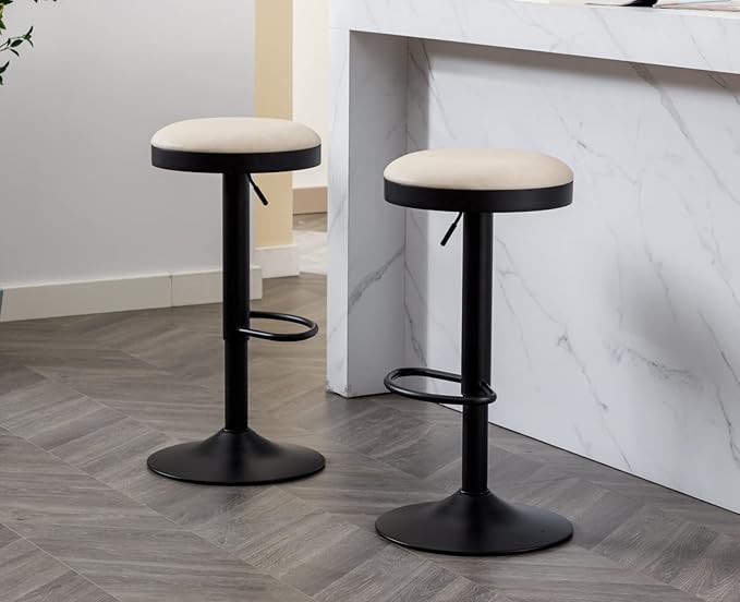 EALSON Modern Swivel Bar Stools Set of 6 Adjustable Counter Height Backless Barstools with Metal Base Leather Upholstered Round Bar Stool Chairs for Kitchen Island/Pub/Breakfast Bar, Beige