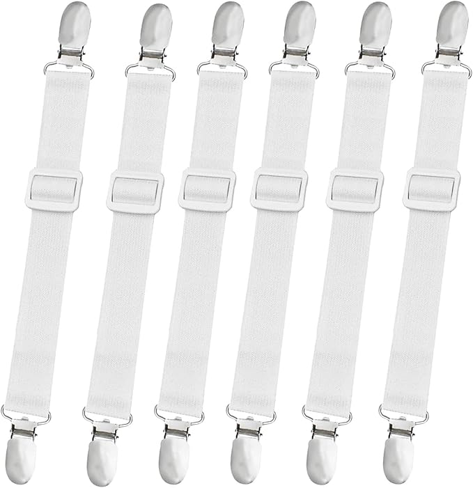 8-Piece Adjustable Bed Sheet Straps - Elastic Fitted Sheet Holders, Universal Sheet Fasteners from 14 to 47 Inches, Mattress & Sofa Cushion Covers, White