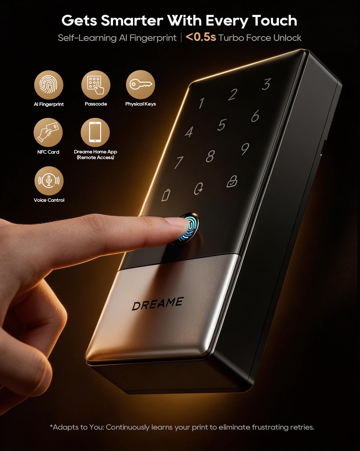 DREAME Wi-Fi Smart Door Lock for Front Door A10, Matter Over Thread, Works with Apple Home, Alexa, Google, AI Fingerprint Keyless Deadbolt Set, Auto Unlock, BHMA Grade 2, IP65 Waterproof