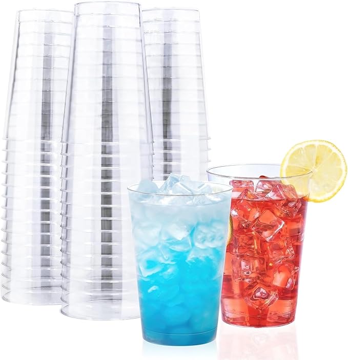 BYSNOW 100 Pack 12 oz Clear Plastic Cups, Disposable Wine Cups for Cocktail Party, Polystyrene Hard Plastic Cup with Highe...