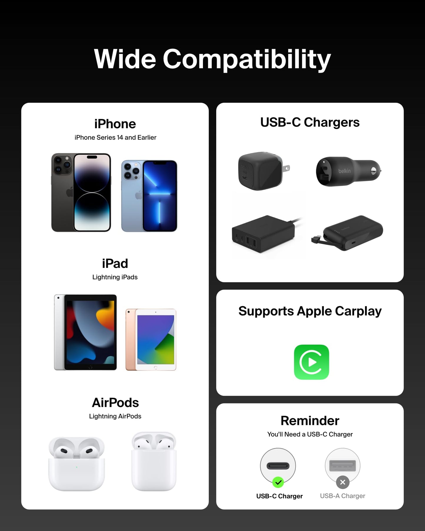 Belkin USB C Cable w/Lightning Connector, 6.6ft - Soft, Flexible Fast-Charging Cable, Lightning Charger Cord for iPhone 14 & Earlier Series, iPad 9th Gen, Airpods & More - Black