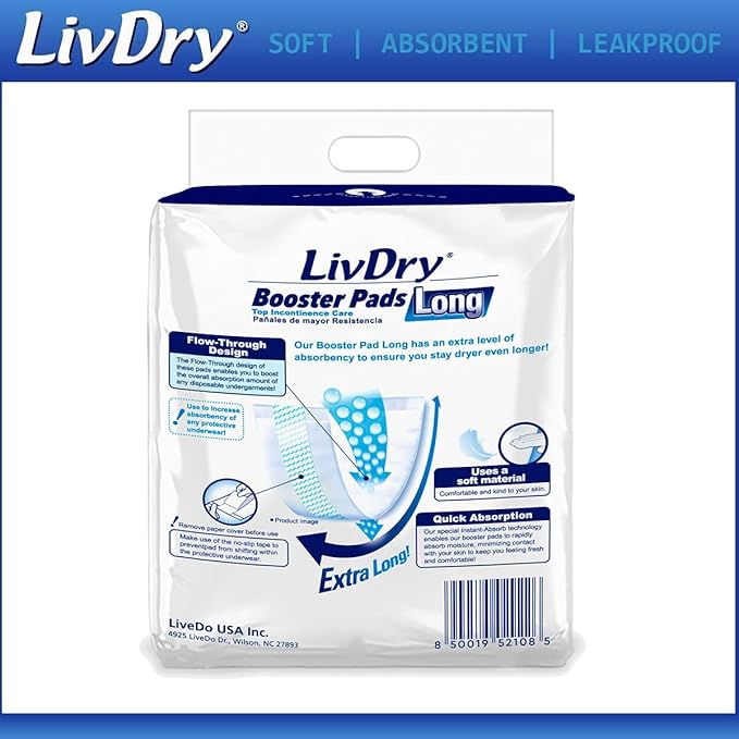 LivDry Incontinence Booster Pads, Use with Adult Diapers for Women and Men, Extra Comfort Softness, Disposable Pad (128 Count, Long Length)