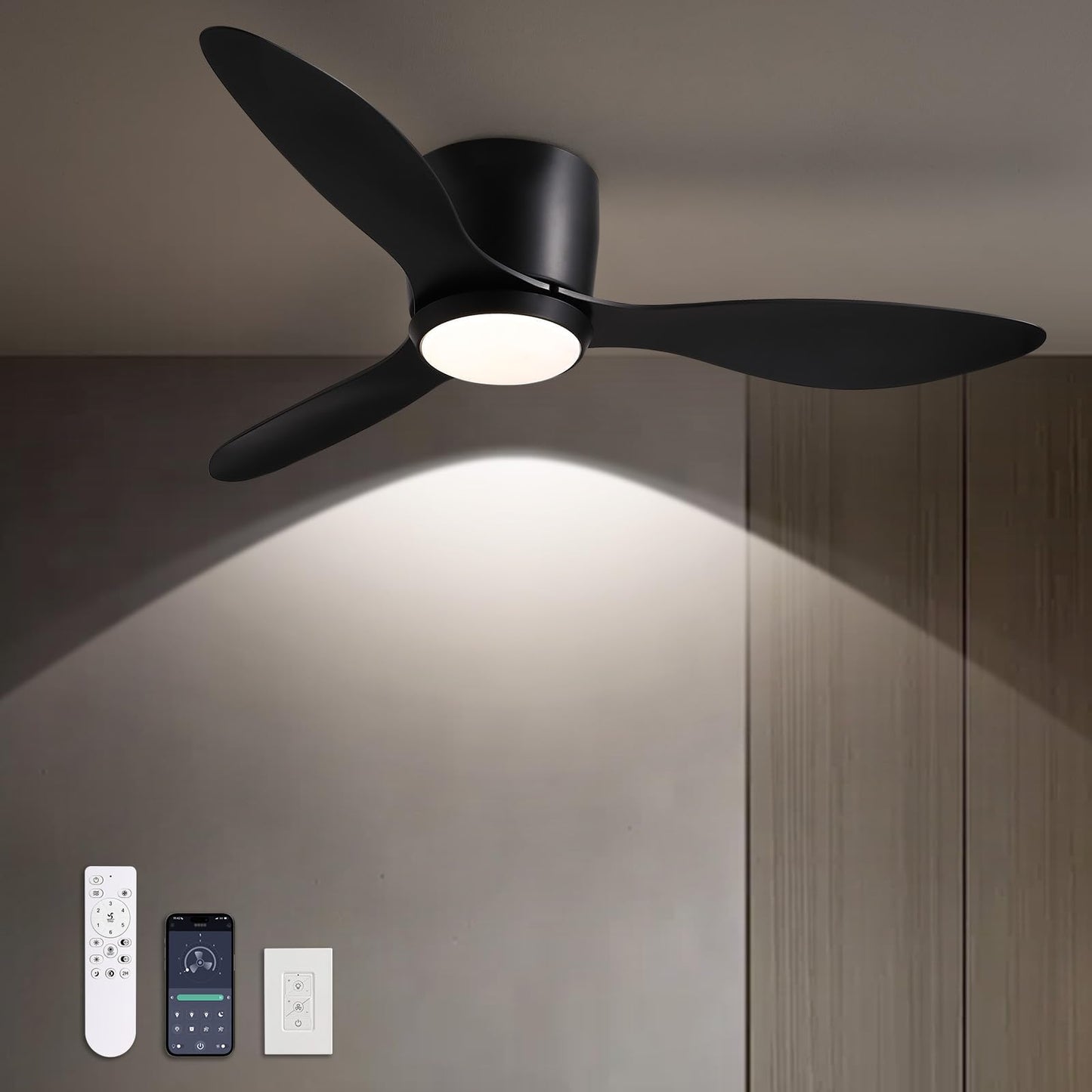 Ceiling Fans With Lights,42 Inch Low Profile Ceiling Fan With Wall Control And Remote Control,Dimmable,Flush Mount Ceiling Fan W