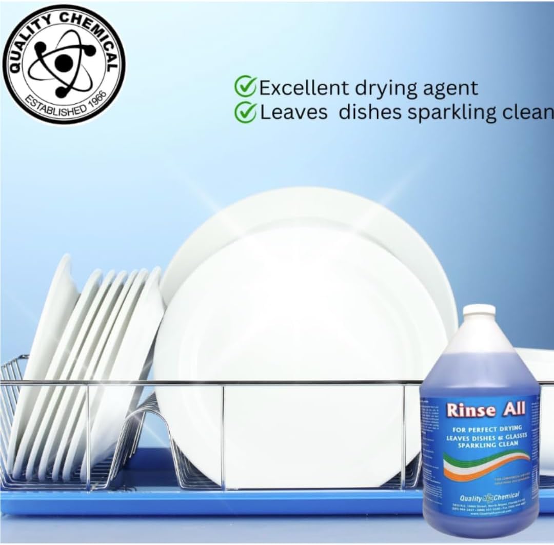 Quality Chemical Heavy Duty Liquid Alkaline Commercial Dishwasher Detergent (1 Gallon) - Rinse All/Commercial Industrial Grade Rinse Aid/Dishwasher Rinse Aid, heat and cool dry Finish (1 Gallon)
