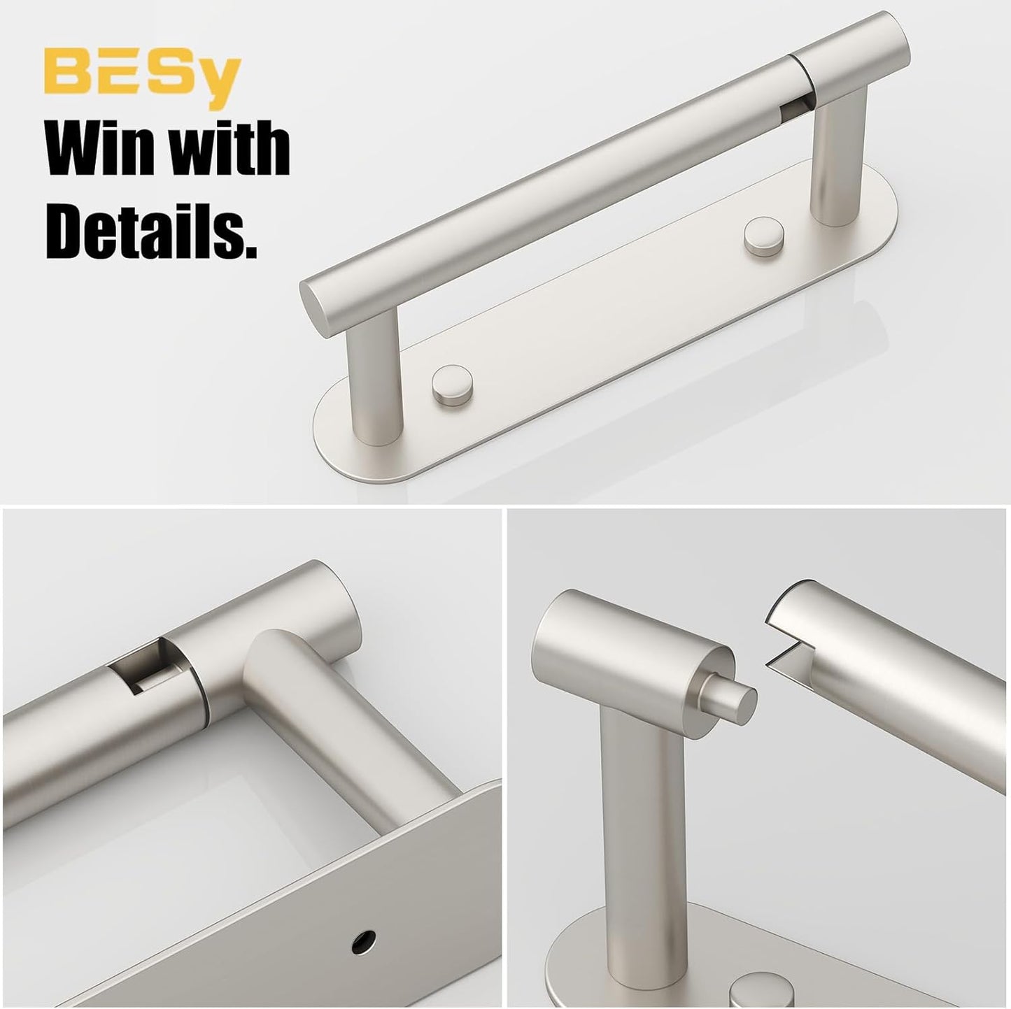 BESy Adhesive or Screw Toilet Paper Holder Wall Mount Rustproof Modern Roll Holder Flexible Pivoting Adjustable Tissue Handle with Self Adhesive or Mounted with Screws Stainless Steel Brushed Nickel