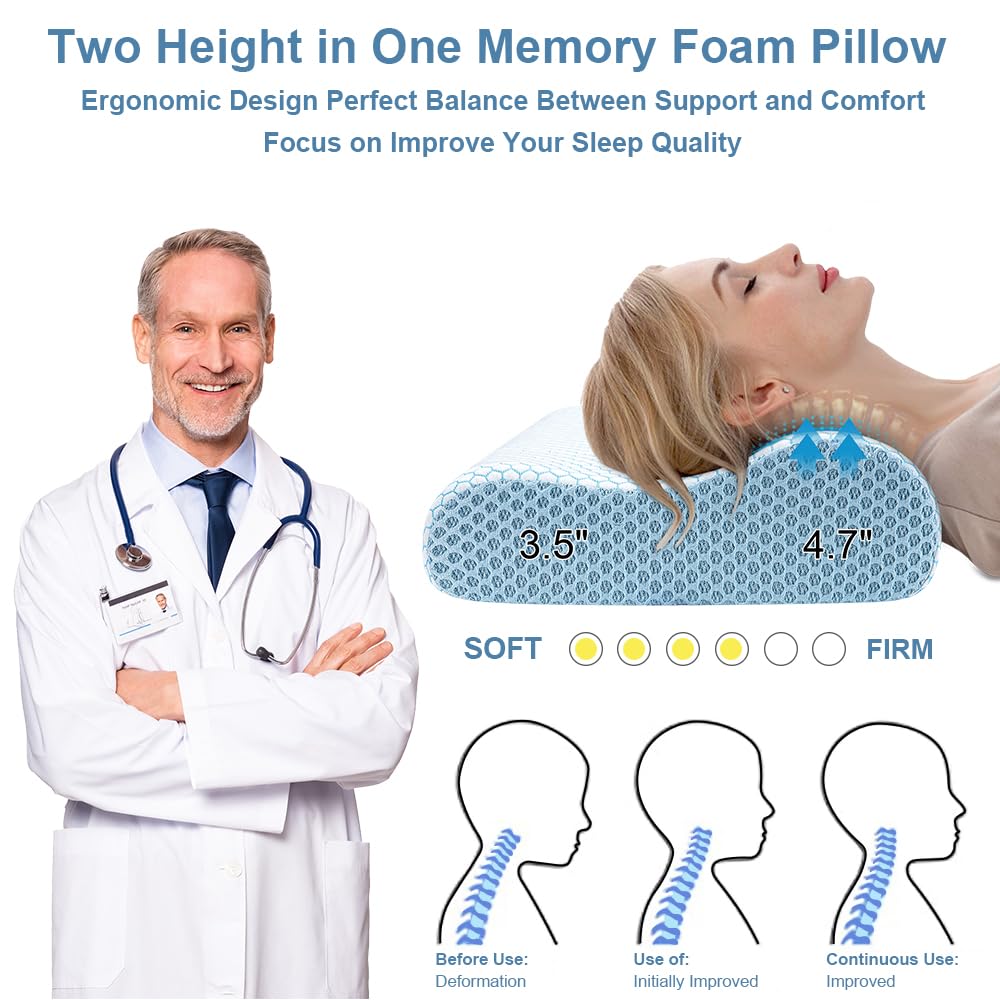 Anvo Memory Foam Pillow, Neck Contour Cervical Orthopedic Bed Pillow for Sleeping Side Back Stomach Sleeper, Ergonomic Design for Neck and Shoulder Pain Relief, Cyan, Firm