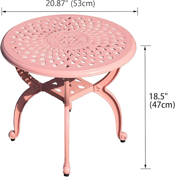 WILOUNGE Cast Aluminum Outdoor Side Table,Small Patio Table,Outdoor Coffee Tables for Patio,Garden,Balcony, for All Weather(Pink, Round)