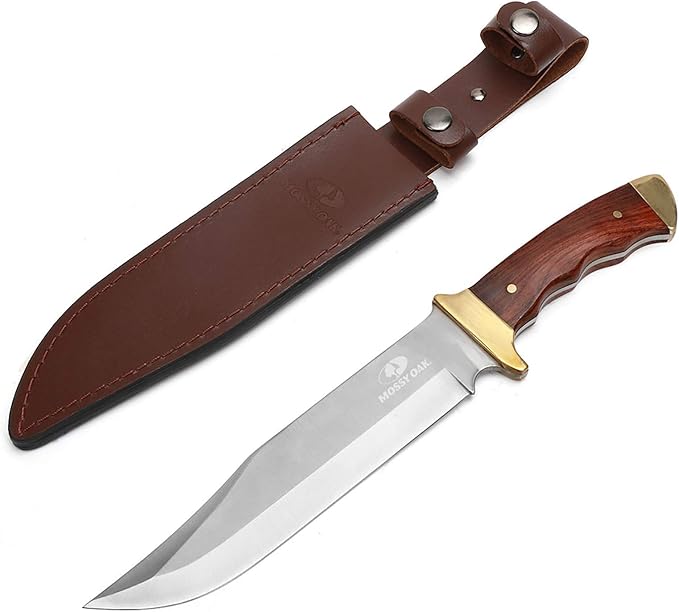 Mossy Oak 14-inch Bowie Knife, Full-tang Fixed Blade, Wood Handle Hunting Knife with Leather Sheath for Camping, Hiking, S...