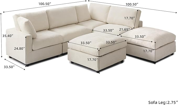 WJShome Cloud Couch Modular Sectional Sofa,100.5" V Shaped Couch, Convertible Wide Seater with Ottoman, 6 Seater for Living Room Set,Covers Washable&Replaceable,Beige