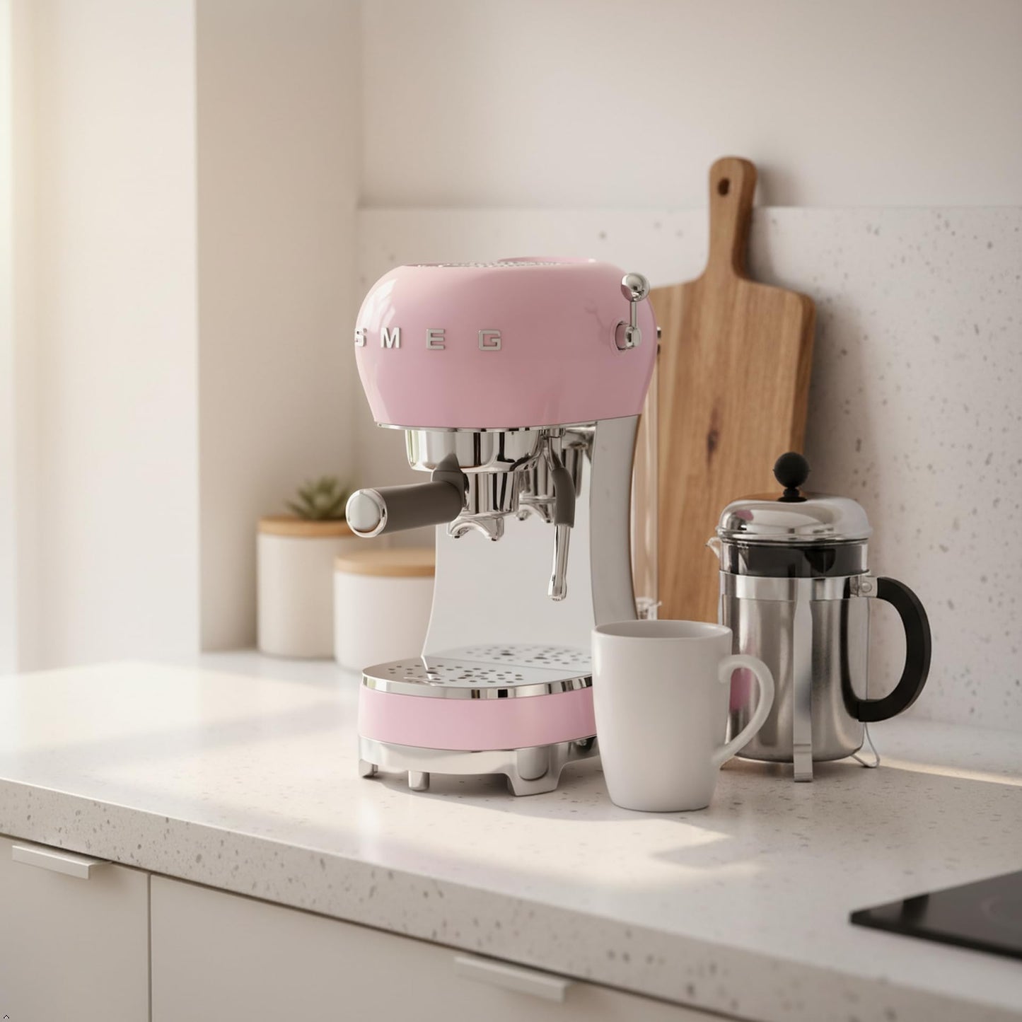 Smeg Manual Espresso Machine with Steam Wand, 15 Bars of Pressure, Stainless Steel Porta Filter, Passive Cup Warmer, User Friendly Controls, and Measuring Scoop Tamper Made in Italy (Pink)