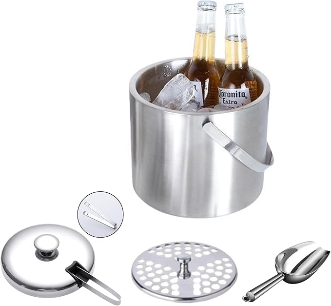 Insulated Ice Bucket with Lid and Scoop & Tong, Double Wall 304 Stainless Steel Ice Bucket for Freezer, Built-in Strainer ...