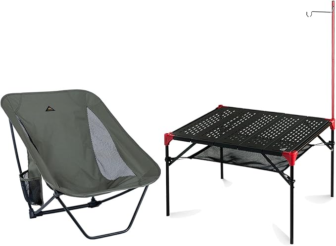 iClimb 1 Low Folding Chair and 1 Extendable Table with Hanger Bundle, Ultralight Compact for Single Person Outdoor Backpac...