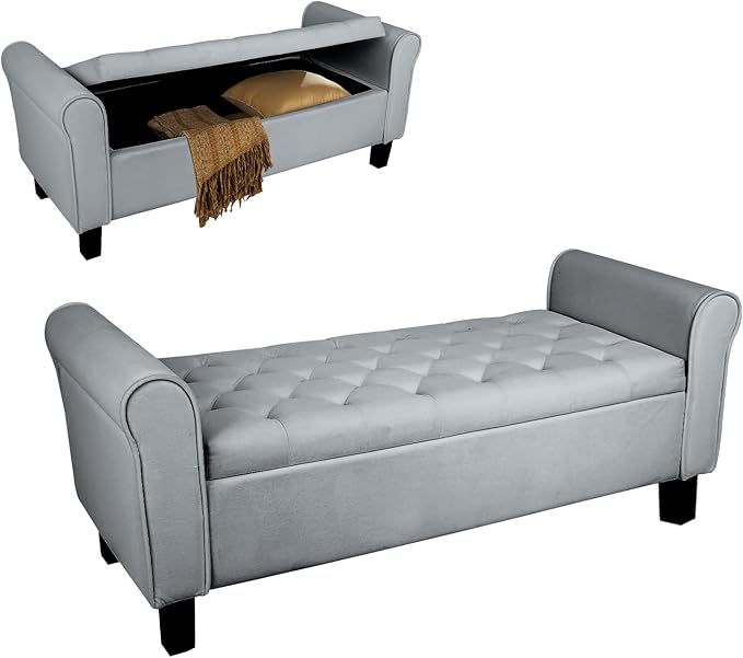 Babion Storage Bench for Bedroom End of Bed, Button Tufted Storage Ottoman Bench 51 Inch, End of Bed Storage Bench with Upholstered, Rolled Arm Window Bench Seat with Solid Wood Legs, Dark Grey