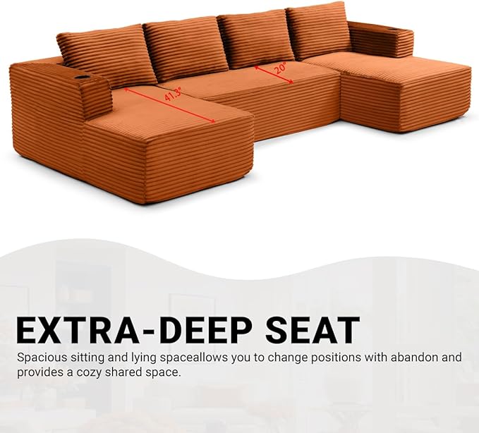 132" Modular Sectional Sleeper Sofa, Boneless Cloud Couch for Living Room, U Shaped 5 Seat Sofa with 2 Cup Holders, Free Combination, No Assembly Required (Orange)