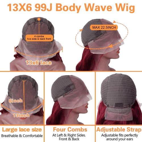 99j Burgundy Lace Front Wigs Human Hair Pre Plucked 13x6 Lace Frontal Human Hair Wigs for Black Women Body Wave Glueless Human Hair Wig 180% Density Pre Plucked Bleached Knots with Baby Hair （20 Inch）