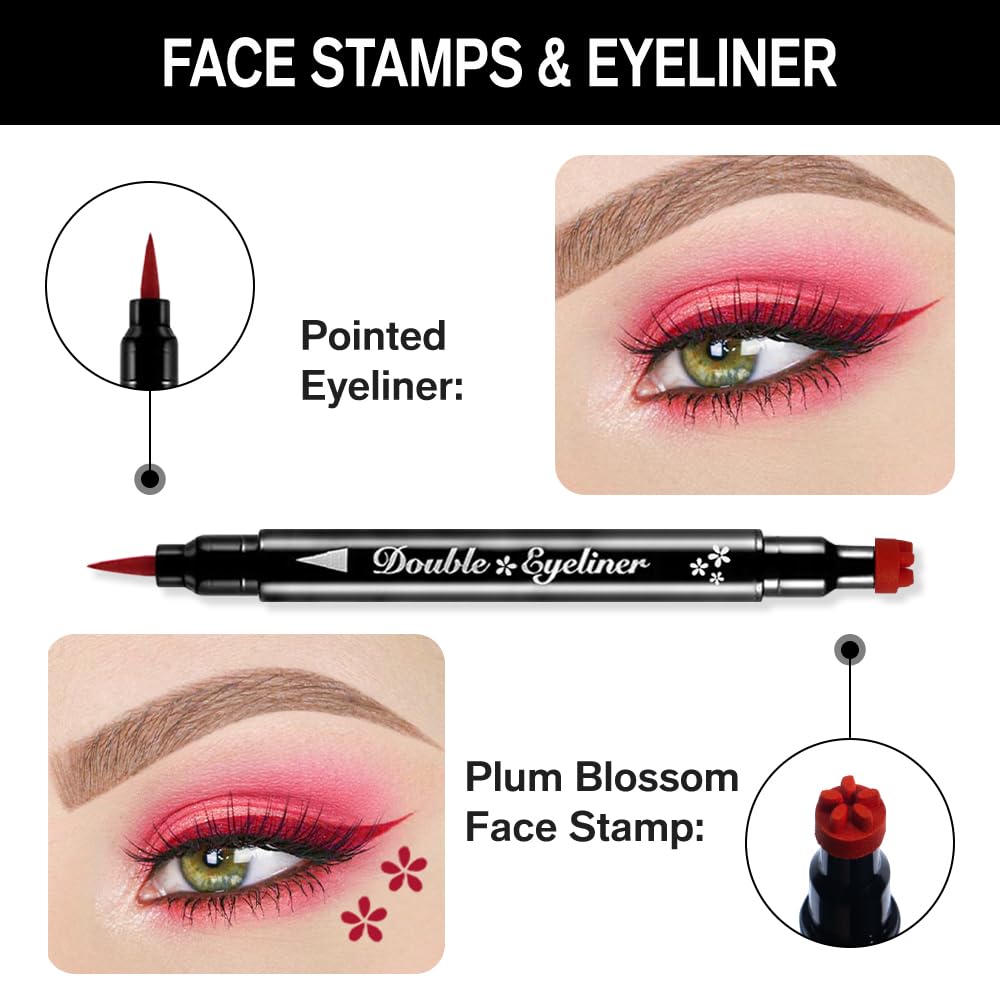 evpct 1Pcs 2-in-1 Red Colored Winged Eyeliners Stamp, Red Flower Face Stamps Makeup, Waterproof Eyeliner Eye Stamp Liners Tool S