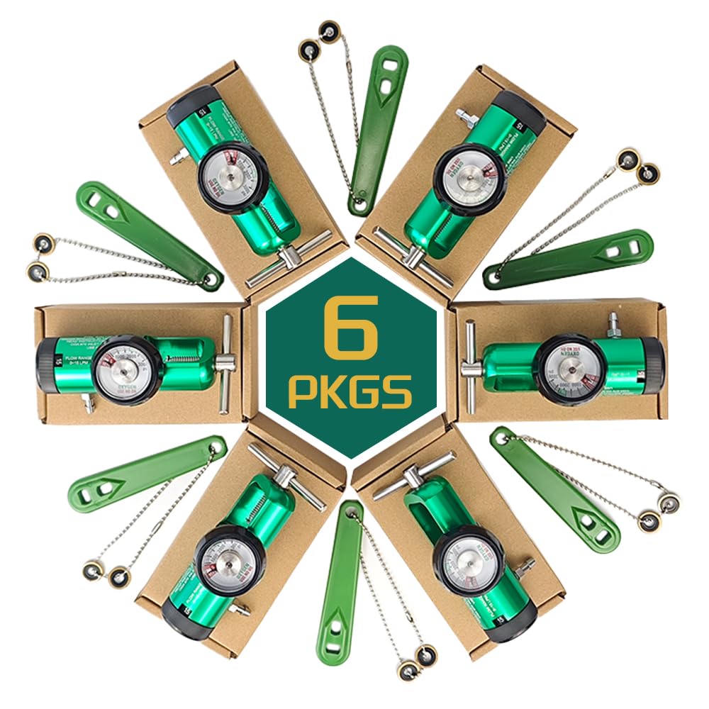 Oxygen Regulator for Oxygen Tank CGA870 Connection, 0-15 LPM, 6 Pack Brass Sleeve Portable O2 Regulator, Each Set Includes 1 Oxygen Regulator, 1 Wrench and 2 Brass Yoke Washer Seals