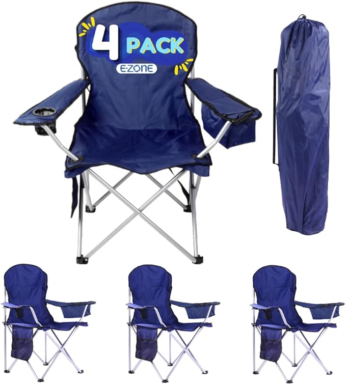 EZONE 2-Pack Camping Chairs with Built-in Ice Cooler, Portable Chair, Storage Pocket, Cup Holder, and Carry Bag Perfect for Camping, Tailgating, Fishing, Beach, and Lawn (4, Navy)