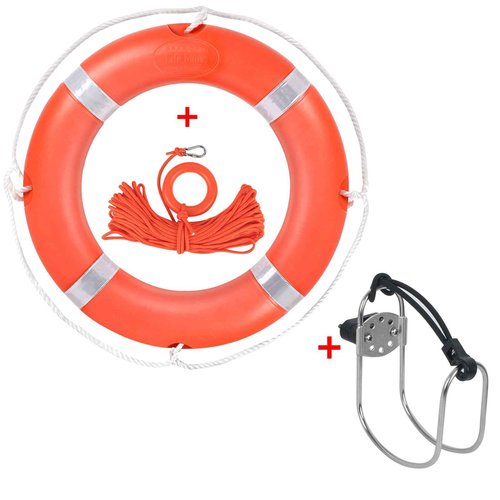Life Preserver Ring, 23 Inch Life Ring with Horseshoe Bracket Orange, Boat Safety Throw Rings with Rope 98.5 FT Water Floating Lifesaving Rope and Reflective Tape for Boat