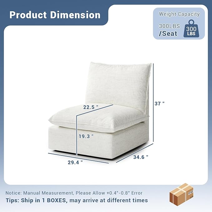 Lopzeho Cloud Middle Sectional, Waterproof Down Filled Sectional Sofa, High Backrest Modular Sectional Couches for Living Room, Modern Modular Couch with Removable Cover, Cream White