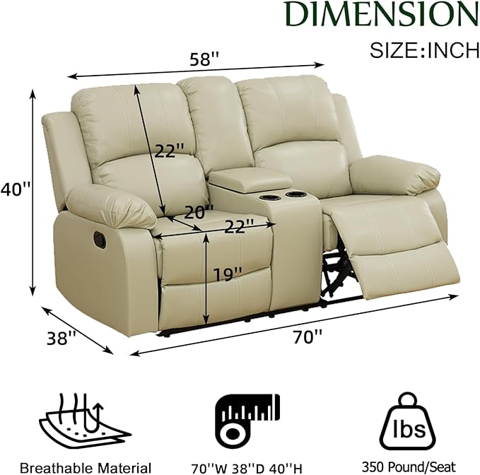 Caberryne Leather Recliner Sofa，Reclining Loveseat for Living Room Furniture Sets, Beige Double Recliner Loveseat for Living Room/Office/Theater Seating/Rv(2 Seater Couch)