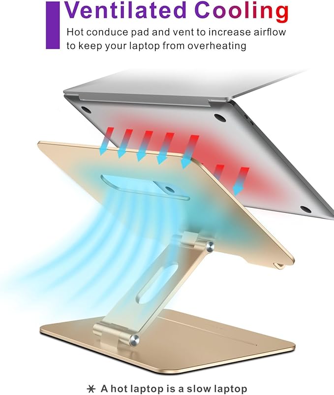 brocoon Adjustable MacBook Laptop Stand for Desk | Ergonomic Aluminum Laptop Riser with Heat-Vent, Compatible for 10-17" Laptops, Macaroon Gold
