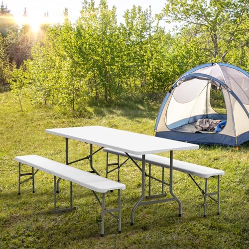 VINGLI Picnic Table Set with 2 Benches, 6 Feet Camping Table Chair Set,3-Piece Folding Furniture for Indoor or Outdoor Us...