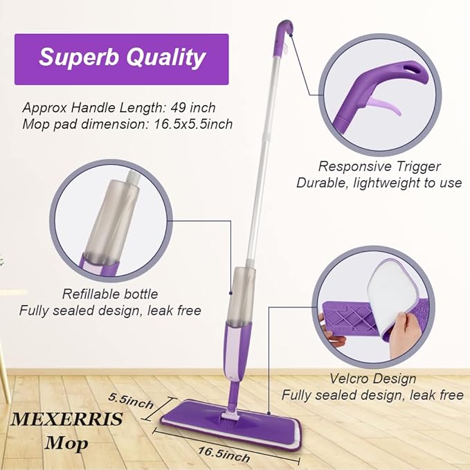 Spray Mops for Hardwood Floor Cleaning: MEXERRIS Dust Wet Mops with 2 Refillable Bottles 3 Washable Mopping Pads - Wood Floor Mop with Sprayer Home Commercial Use for Wood Laminate Ceramic Tiles
