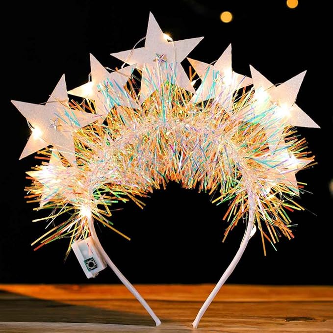Aceorna Light Up Stars Headbands LED Glowing Halo Crowns Glitter Costume Halo Headband White Luminous Headpiece for Women