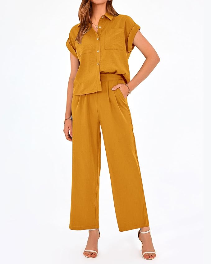 PRETTYGARDEN Womens 2 Piece sets Summer Cap Sleeve Tops Palazzo Pants Dressy Casual Vacation Travel Outfits Tracksuits