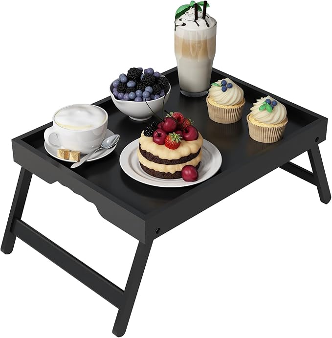 Youpehom Bed Tray Table with Folding Legs,Bamboo Breakfast in Bed for Kitchen Serving Tray,Sofa,Used As Laptop Desk Snack Breakfast Tray (Black, Medium)