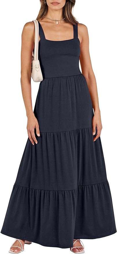 ANRABESS Women's Summer Casual Long Maxi Beach Vacation Dresses Sleeveless Square Neck Flowy Tiered Sun Dress with Pockets