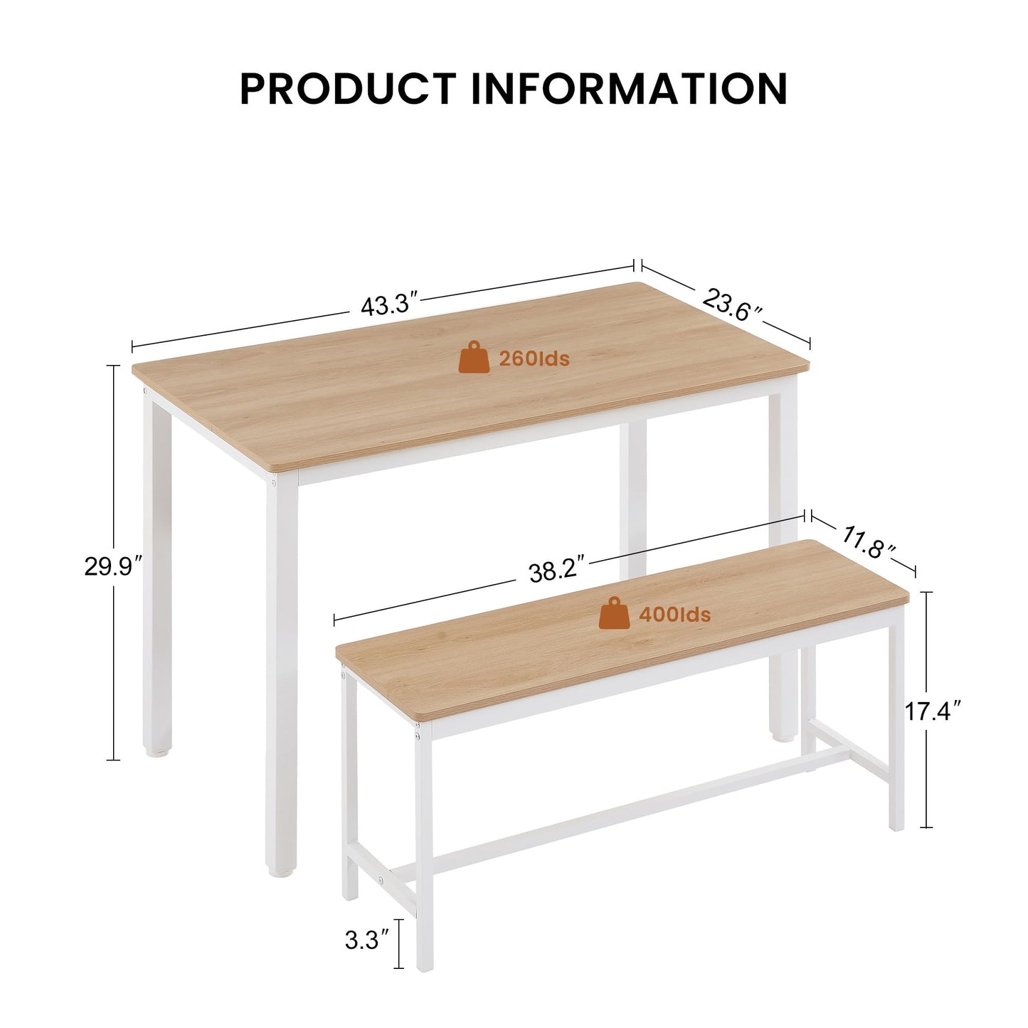 hausway Bar Table and Chairs Set for 4,3 Pieces Rectangle Bistro Table with Dining Benches,Industrial Kitchen Counter Breakfast Table Set for Restaurant,43.3″L x23.6″W x 29.9″H (White Natural)