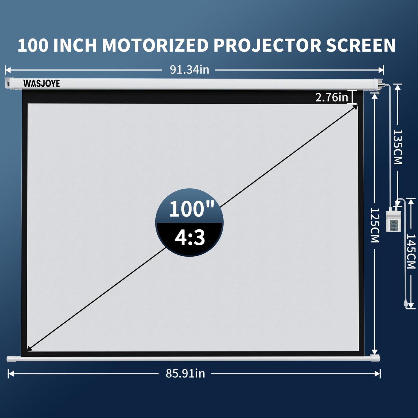 WASJOYE 100 Inch Motorized Projector Screen with Remote Control - 4:3 Electric Drop Down Projector Screen for Wall or Ceiling Mount, 8K HD & Dual Power Supply for Home Theater, Office, Gaming, School
