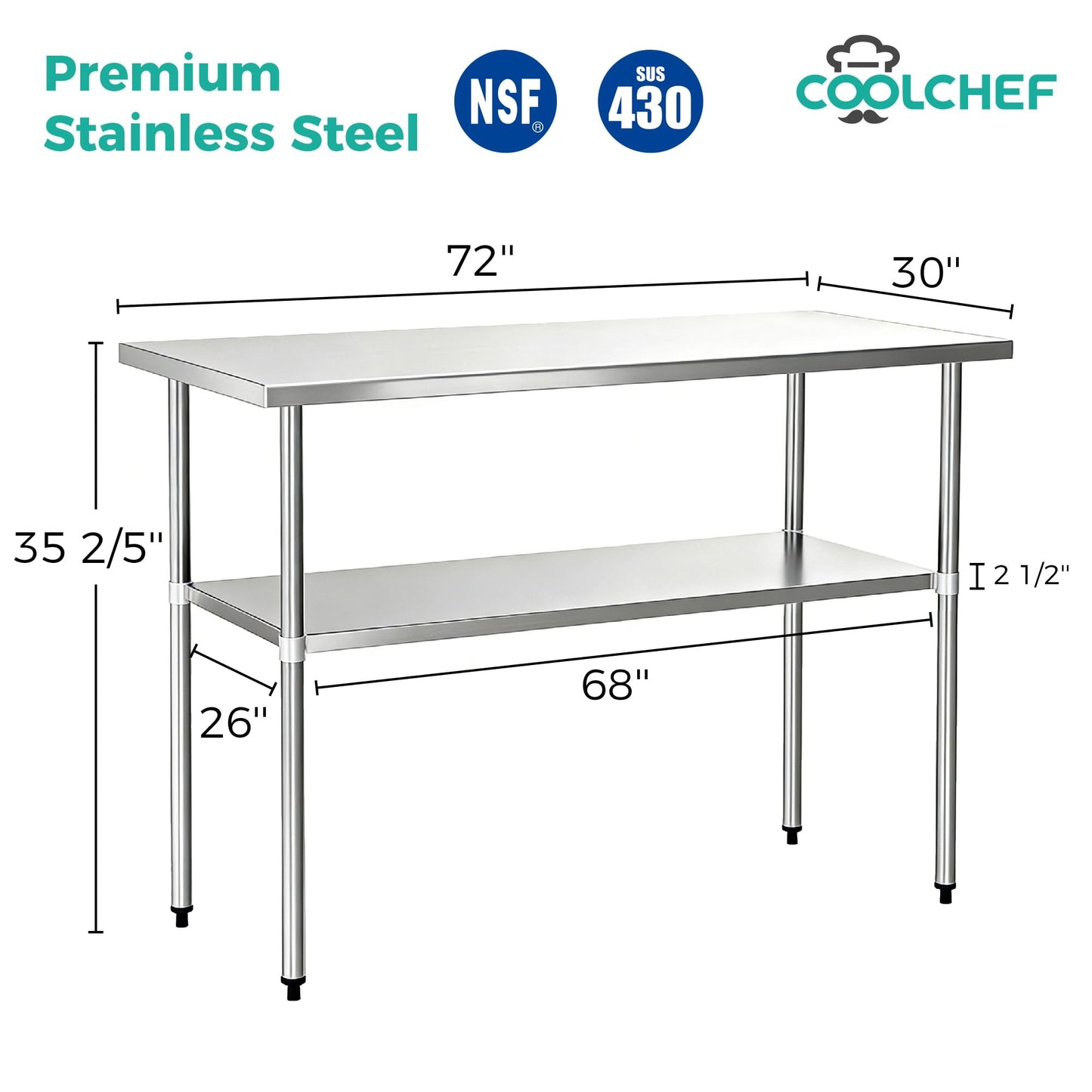 Okeyolive Stainless Steel Work Table 30 x 72 Inch, NSF Commercial Prep Table with Undershelf, Heavy Duty Food Prep Workstation