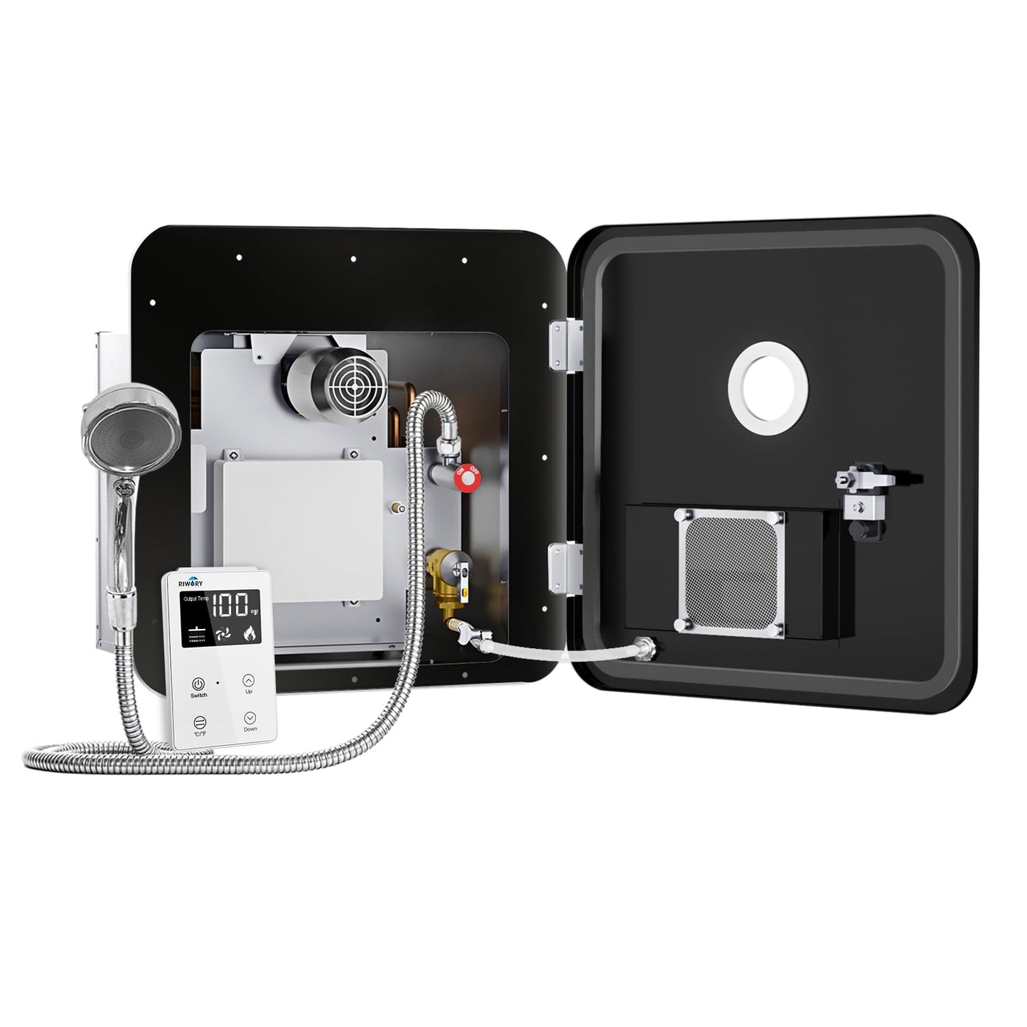 RIWORY 65,000 BTU RV Tankless Water Heater Propane with 18x18 Door, 3.9 GPM RV On Demand Water Heater, High Altitude Available, DC 12V Instant RV Water Heater with Outdoor Water Outlet