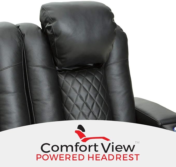 Seatcraft Anthem Italian Leather Sofa w/Fold-Down Table & Loveseat w/Storage Console, Living Room, Power Headrest, Power Recline, Black