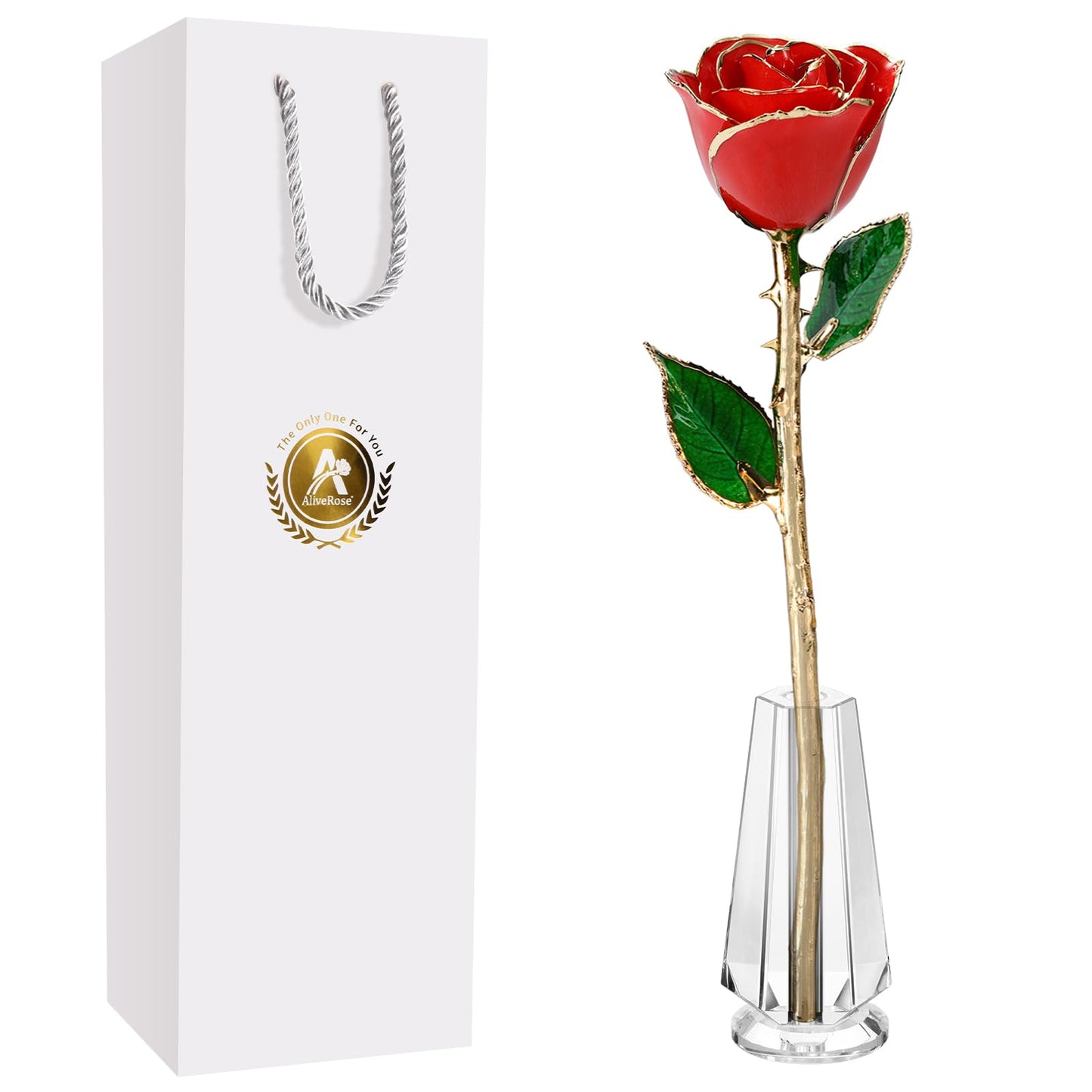 AliveRose Valentines Day Gift for Her Roses, Unique Design Gold Dipped Rose for Anniversary Valentines Mothers Day Birthday Gifts (Red Handmade with Crystal Vase)