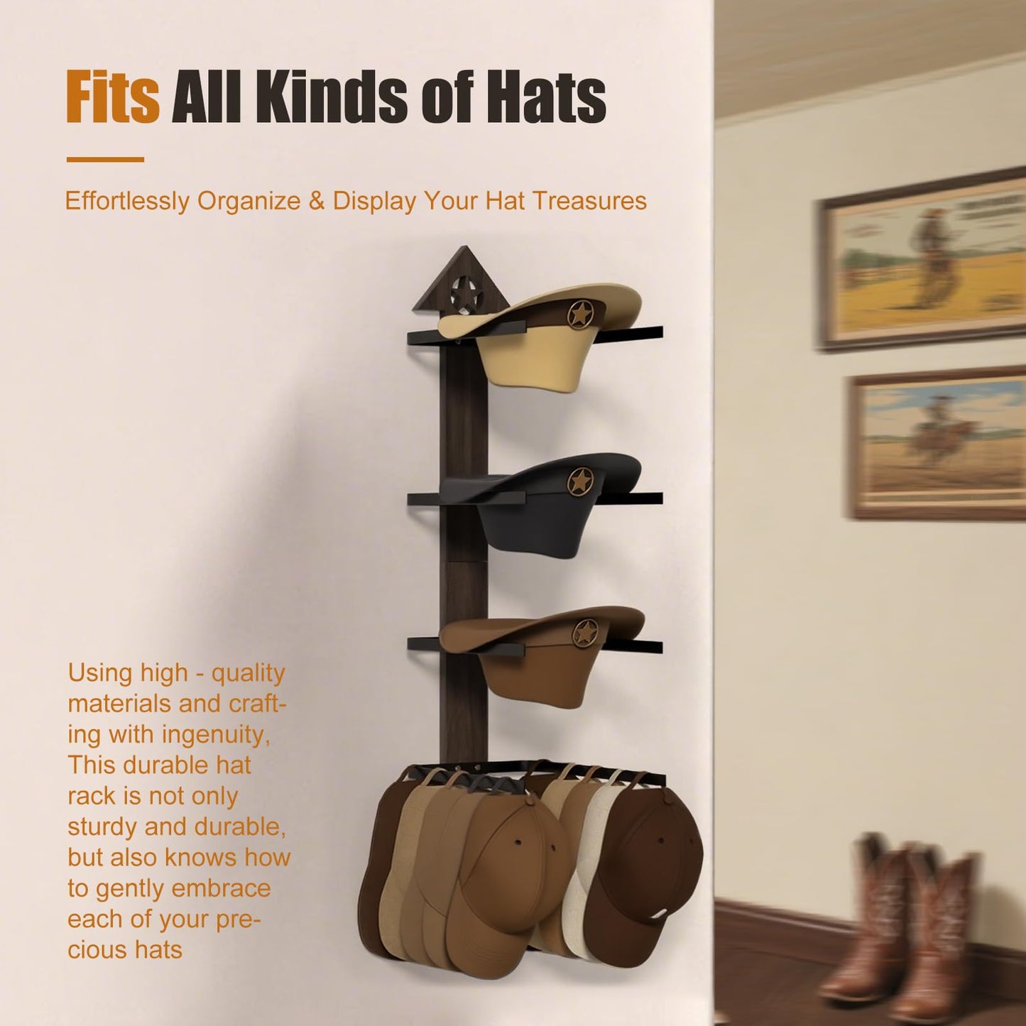 Cowboy Hat Rack -Cowboy hat holder for wall With Heavy- Organize and Display Your Hats with Ease, Wall Mounted Hat Hanger Western Decor for Cowboy Hats- Ideal Western Decor