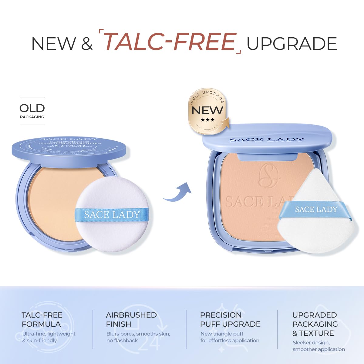 SACE LADY Face Powder Waterproof Setting Makeup, Talc-Free Oil Control Pressed Powder Compact for Women, Blurring Pores Matte Lo