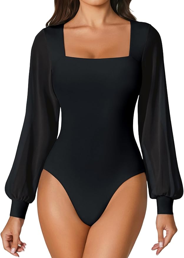 Avidlove Women Puff Long Sleeve Bodysuit Mesh Square Neck Thong Sexy Body Suits Double Lined Leotards