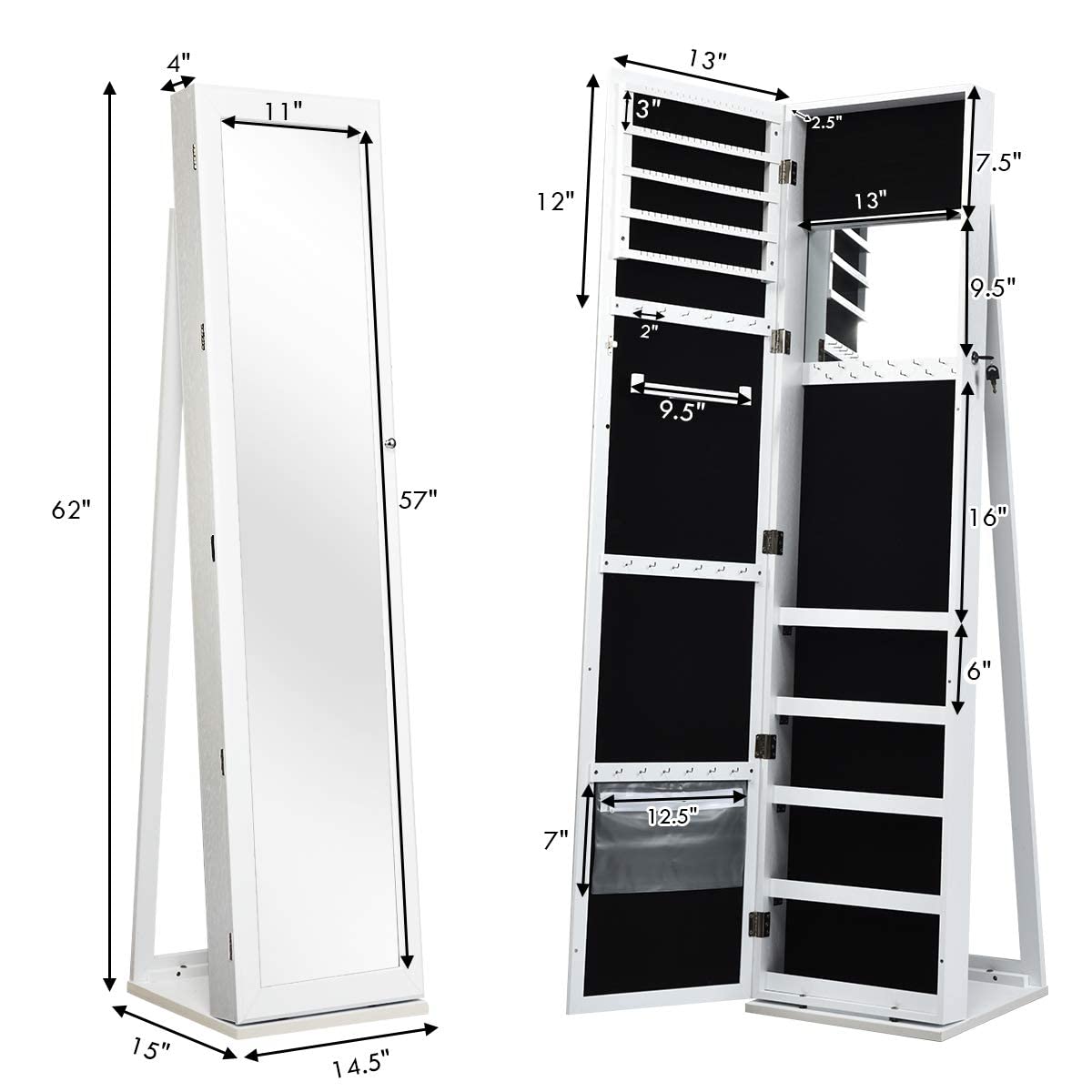 OFFICEJOY Standing Jewelry Armoire w/Full Length Mirror & Inside Mirror, Lockable Jewelry Cabinet Organizer w/Stable Base, Mirrored Jewelry Cabinet Organizer for Necklace, Ring, Earring Cosmetic