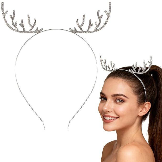 HIFANMM Christmas Headband Metal Deer Antler Hair Band for Women Girls, Shiny Rhinestone Headbands Winter Silver Reindeer ...