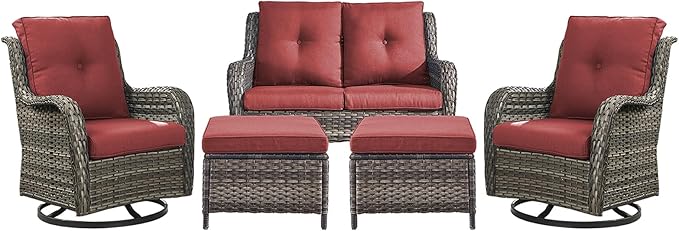 Rilyson Wicker Patio Furniture Set - 5 Piece Rattan Outdoor Sectional Conversation Sets with 2 Rocking Swivel Chairs,2 Ottomans and 1 Loveseat for Porch Deck Garden(Mixed Grey/Red)