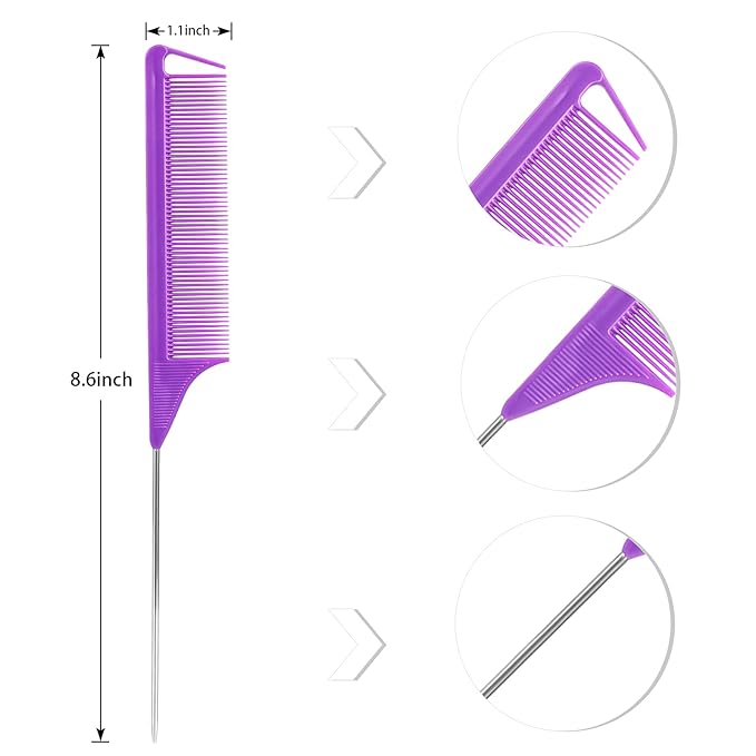 Rat Tail Teasing Combs Set: 3 Long Steel Pin Combs for Parting Hair - Salon Styling Combs for Women (Purple, Green, Blue)