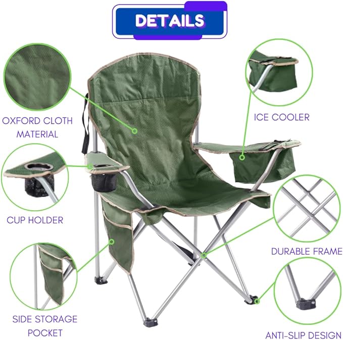 EZONE 4-Pack Camping Chairs with Built-in Ice Cooler, Portable Chair, Storage Pocket, Cup Holder, and Carry Bag Perfect for Camping, Tailgating, Fishing, Beach, and Lawn (4, Olive Green)