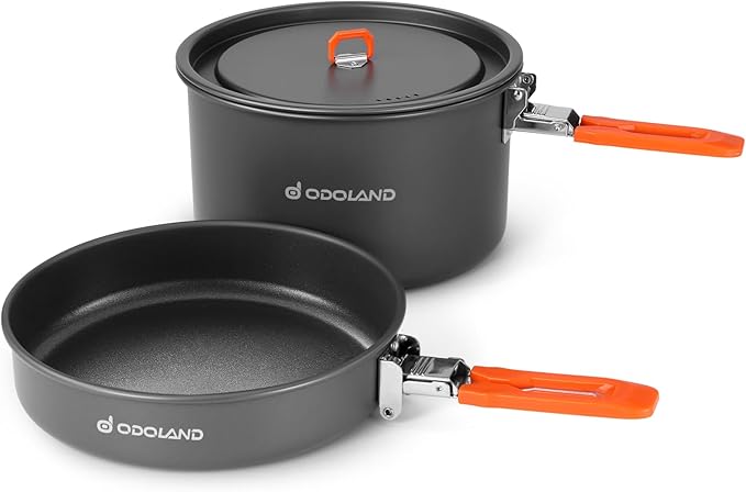 Odoland Camping Cookware Mess Kit, Non-Stick Lightweight Camping Pot and Fry Pan Set with Mesh Bag for Backpacking, Outdoo...