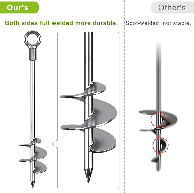 Dolibest 18" Heavy-Duty Ground Anchors Screw in, 3" Wide Spiral Earth Anchors for Swing Set, Wind Resistant Mobile Home, Trampoline, Sheds - Fully Welded Ground Anchors-Set of 2