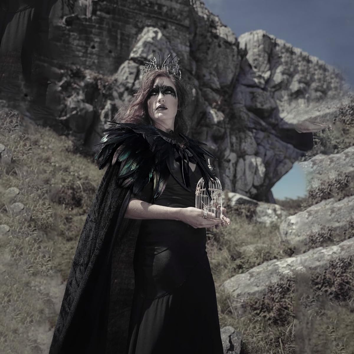 Joukavor Women Men Velvet Cape with Natural Gothic Feather Shawl Cape for Halloween (Black)