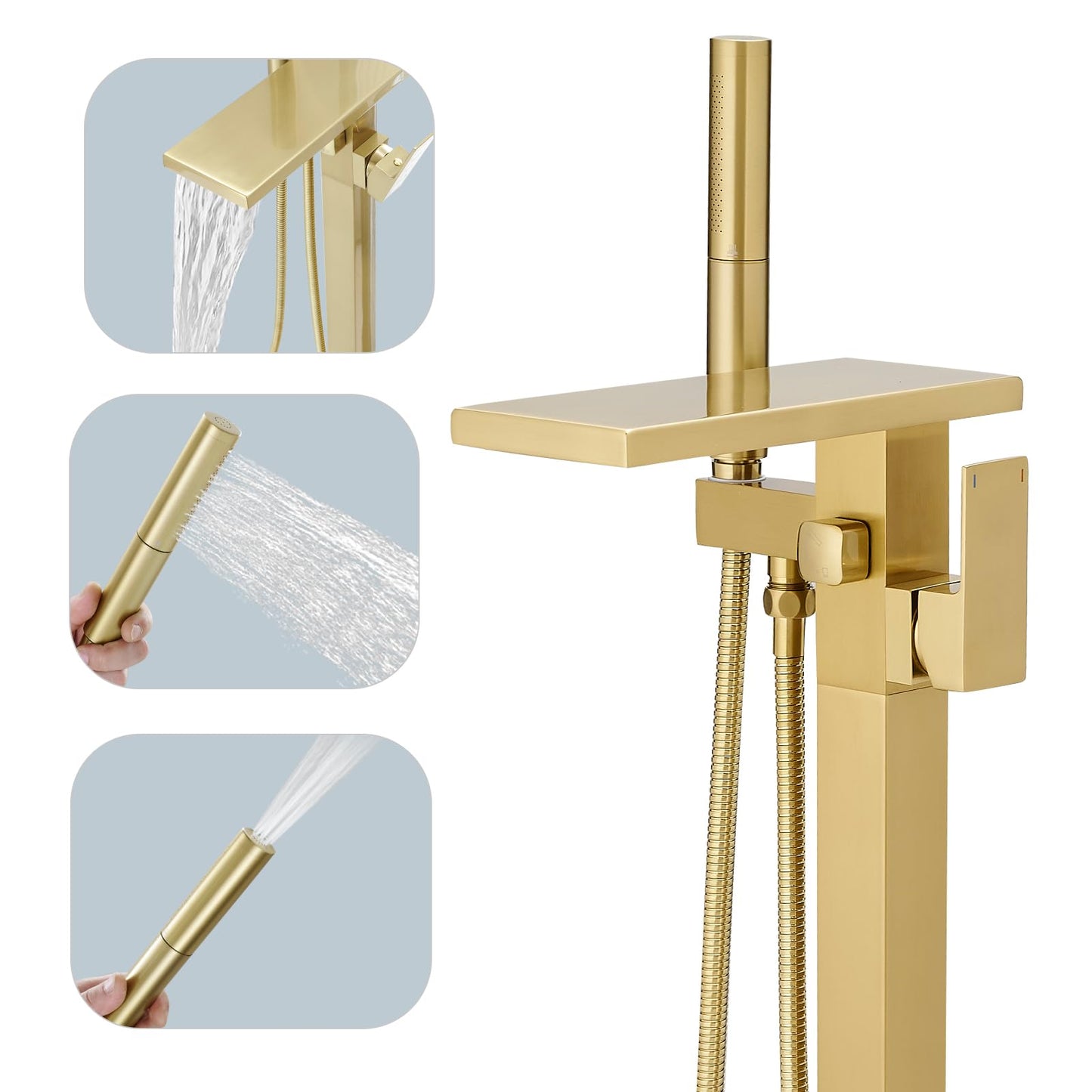 Hoimpro Tub Filler Freestanding Bathtub Faucet Brushed Gold Floor Mount Tub Faucet Waterfall Bathtub Filler with CUPC Certified High Flow Brass Bath Shower Faucets with Handheld Sprayer